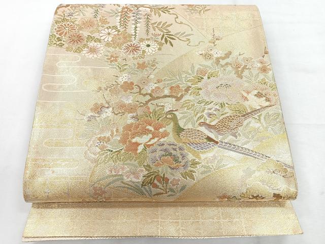 平和屋着物◎両面　六通柄袋帯　地紙花鳥文　金糸　正絹　逸品　CABH1713nb