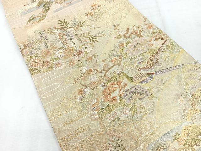 平和屋着物◎両面　六通柄袋帯　地紙花鳥文　金糸　正絹　逸品　CABH1713nb