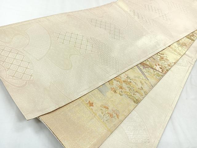 平和屋着物◎両面　六通柄袋帯　地紙花鳥文　金糸　正絹　逸品　CABH1713nb