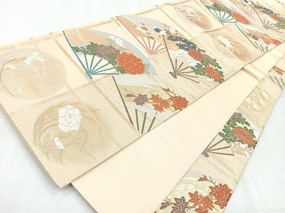 平和屋着物◎六通柄袋帯　唐織　格子扇面草花文　金銀糸　正絹　逸品　CABH1716nb