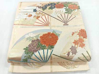 平和屋着物◎六通柄袋帯　唐織　格子扇面草花文　金銀糸　正絹　逸品　CABH1716nb