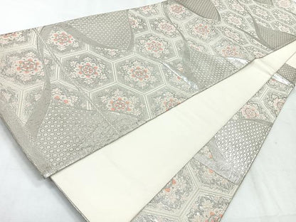 平和屋着物◎六通柄袋帯　唐織　亀甲更紗花文　銀糸　正絹　逸品　CABH1719nb