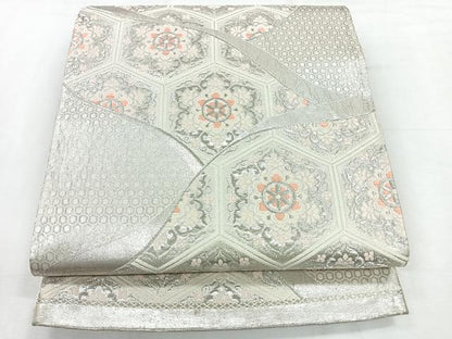 平和屋着物◎六通柄袋帯　唐織　亀甲更紗花文　銀糸　正絹　逸品　CABH1719nb