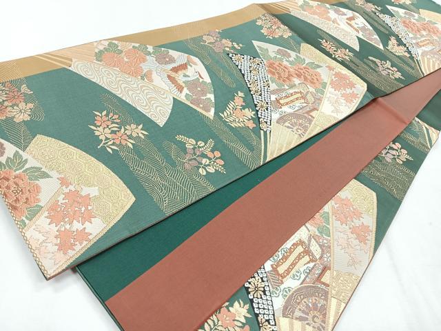 平和屋着物◎六通柄袋帯　流水扇面花鳥文　金銀糸　正絹　逸品　CABH1721nb