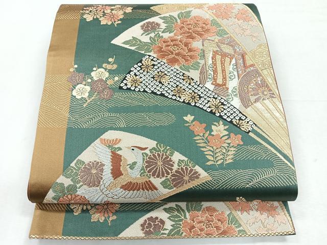 平和屋着物◎六通柄袋帯　流水扇面花鳥文　金銀糸　正絹　逸品　CABH1721nb