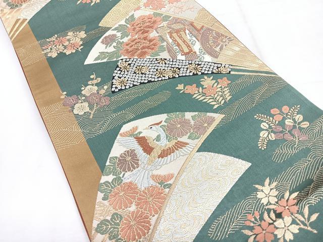 平和屋着物◎六通柄袋帯　流水扇面花鳥文　金銀糸　正絹　逸品　CABH1721nb