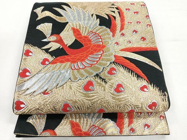 平和屋着物◎六通柄袋帯　孔雀　黒地　金銀糸　正絹　逸品　CABH1728nb