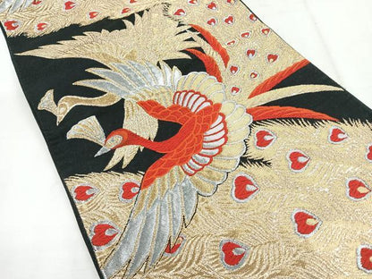 平和屋着物◎六通柄袋帯　孔雀　黒地　金銀糸　正絹　逸品　CABH1728nb