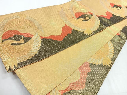 平和屋着物◎佐賀錦　全通柄袋帯　双鶴文　金糸　正絹　逸品　CABH1731nb