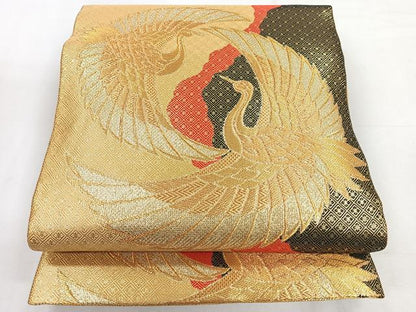 平和屋着物◎佐賀錦　全通柄袋帯　双鶴文　金糸　正絹　逸品　CABH1731nb