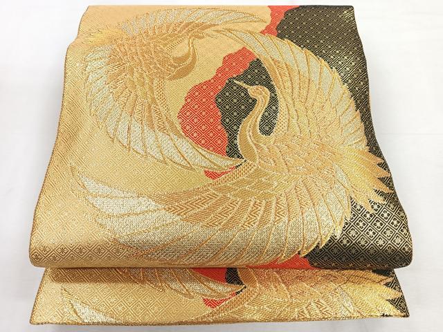 平和屋着物◎佐賀錦　全通柄袋帯　双鶴文　金糸　正絹　逸品　CABH1731nb