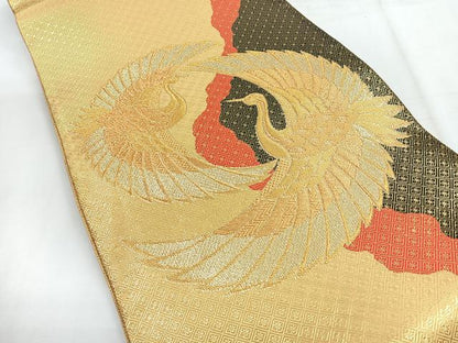 平和屋着物◎佐賀錦　全通柄袋帯　双鶴文　金糸　正絹　逸品　CABH1731nb