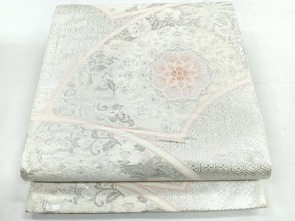 平和屋着物◎六通柄袋帯　地紙花鳥文　銀糸　正絹　逸品　CABH1736nb