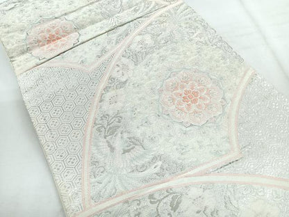 平和屋着物◎六通柄袋帯　地紙花鳥文　銀糸　正絹　逸品　CABH1736nb