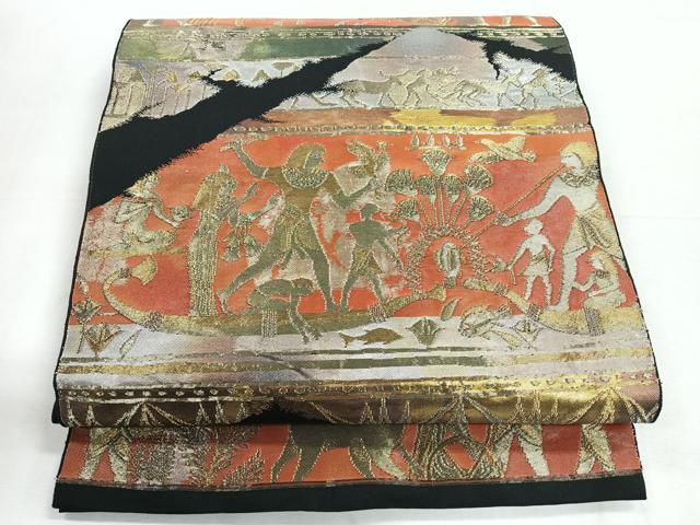 平和屋着物◎六通柄袋帯　エジプト壁画文様　黒地　金糸　正絹　逸品　CABH1746nb