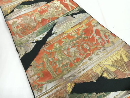 平和屋着物◎六通柄袋帯　エジプト壁画文様　黒地　金糸　正絹　逸品　CABH1746nb