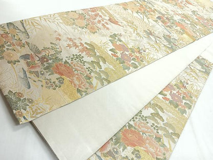 平和屋着物◎伝統工芸士　平田藤三郎　六通柄袋帯　地紙花鳥文　金糸　正絹　逸品　CABH1748nb