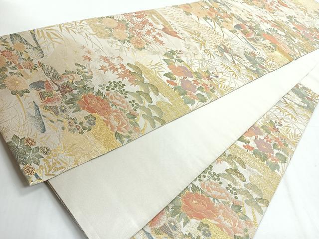 平和屋着物◎伝統工芸士　平田藤三郎　六通柄袋帯　地紙花鳥文　金糸　正絹　逸品　CABH1748nb