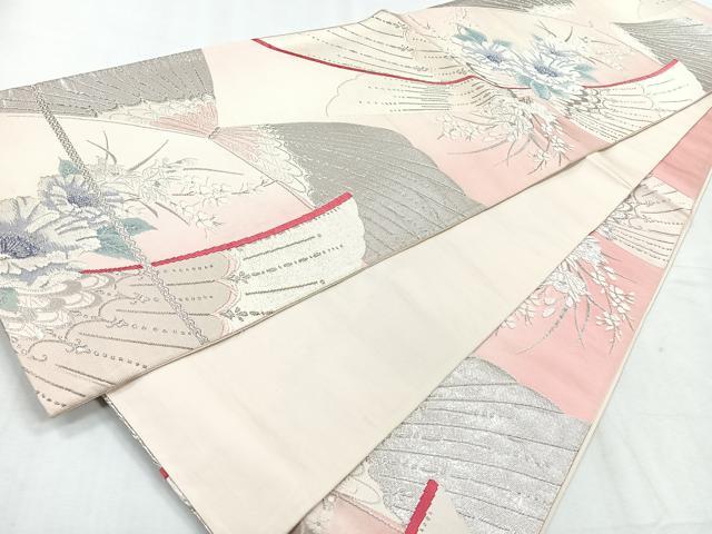 平和屋着物◎六通柄袋帯　唐織　草花舞蝶文　銀糸　正絹　逸品　CABH1761nb