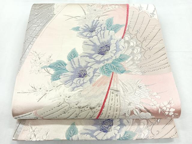 平和屋着物◎六通柄袋帯　唐織　草花舞蝶文　銀糸　正絹　逸品　CABH1761nb
