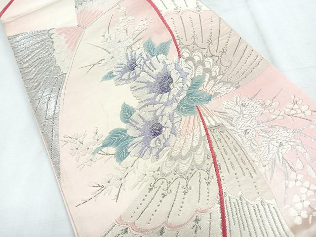 平和屋着物◎六通柄袋帯　唐織　草花舞蝶文　銀糸　正絹　逸品　CABH1761nb