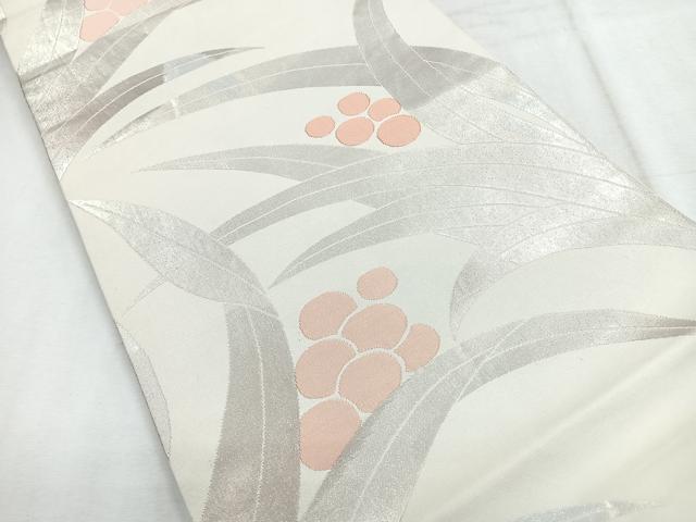 平和屋着物◎六通柄　本袋帯　草の葉文様　銀糸　正絹　逸品　CABH1767nb
