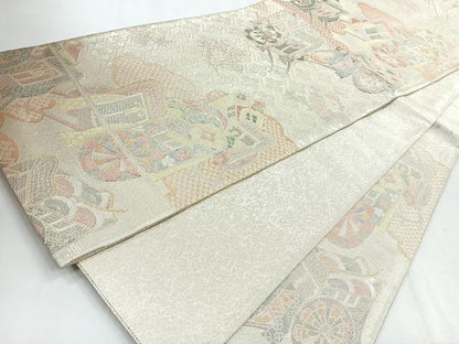 平和屋着物◎六通柄袋帯　御所車草花文　銀糸　正絹　逸品　CABH1778nb