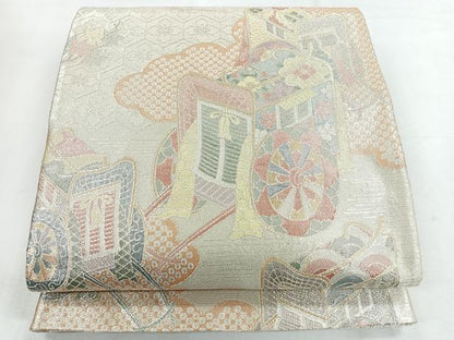 平和屋着物◎六通柄袋帯　御所車草花文　銀糸　正絹　逸品　CABH1778nb