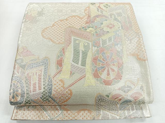 平和屋着物◎六通柄袋帯　御所車草花文　銀糸　正絹　逸品　CABH1778nb
