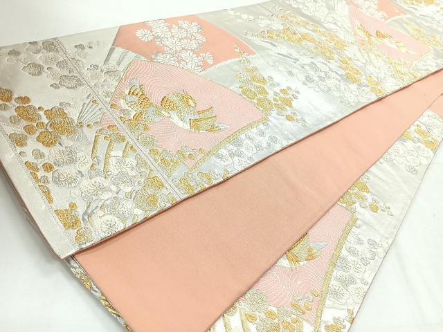 平和屋着物◎六通柄袋帯　唐織　扇面花鳥文　金銀糸　正絹　逸品　CABH1780nb