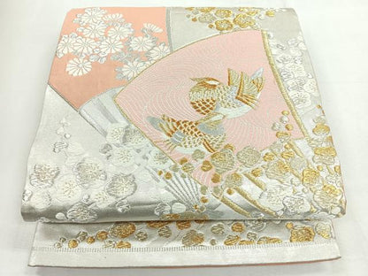 平和屋着物◎六通柄袋帯　唐織　扇面花鳥文　金銀糸　正絹　逸品　CABH1780nb