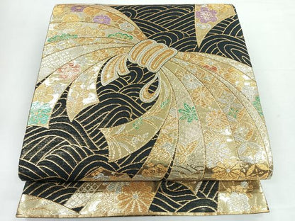 平和屋着物◎両面　六通柄袋帯　束ね熨斗草花文　黒地　金銀糸　正絹　逸品　CABH1781nb