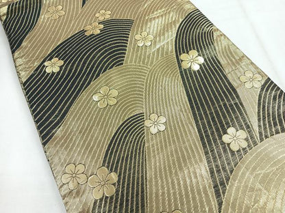 平和屋着物◎両面　六通柄袋帯　束ね熨斗草花文　黒地　金銀糸　正絹　逸品　CABH1781nb