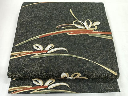 平和屋着物◎六通柄袋帯　舞花文　黒地　金糸　正絹　逸品　CABH1782nb