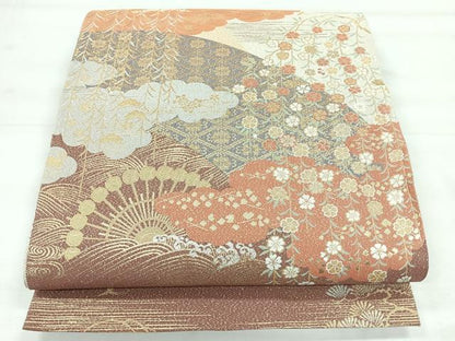 平和屋着物◎六通柄袋帯　風景文　金銀糸　正絹　逸品　CABH1791nb