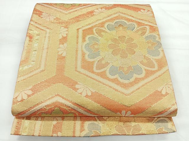 平和屋着物◎佐賀錦　六通柄袋帯　亀甲更紗花文　金糸　正絹　逸品　CABH1796nb