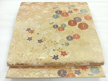 平和屋着物◎六通柄袋帯　流水草花文　金糸　正絹　逸品　CABH1805nb