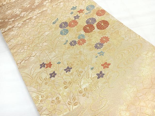 平和屋着物◎六通柄袋帯　流水草花文　金糸　正絹　逸品　CABH1805nb