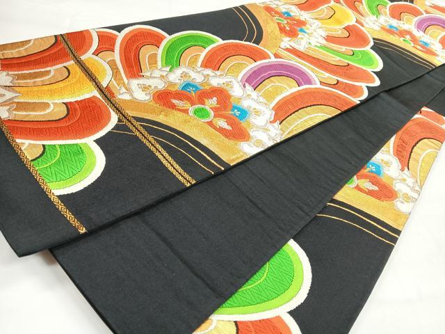 平和屋着物◎六通柄袋帯　更紗花文　黒地　金銀糸　正絹　逸品　CABH1808nb