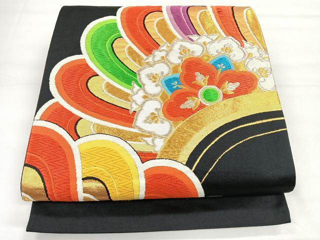平和屋着物◎六通柄袋帯　更紗花文　黒地　金銀糸　正絹　逸品　CABH1808nb