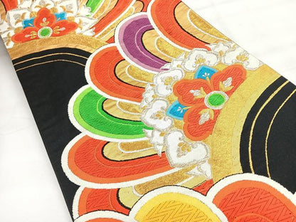 平和屋着物◎六通柄袋帯　更紗花文　黒地　金銀糸　正絹　逸品　CABH1808nb