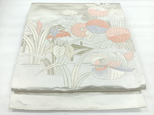 平和屋着物◎太鼓柄袋帯　流水花鳥文　銀糸　正絹　逸品　CABH1810nb