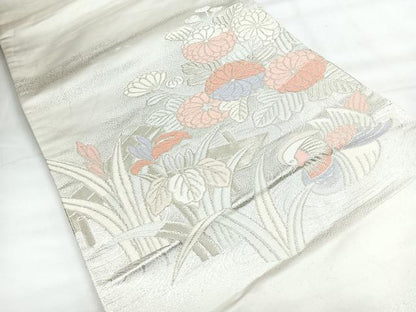 平和屋着物◎太鼓柄袋帯　流水花鳥文　銀糸　正絹　逸品　CABH1810nb