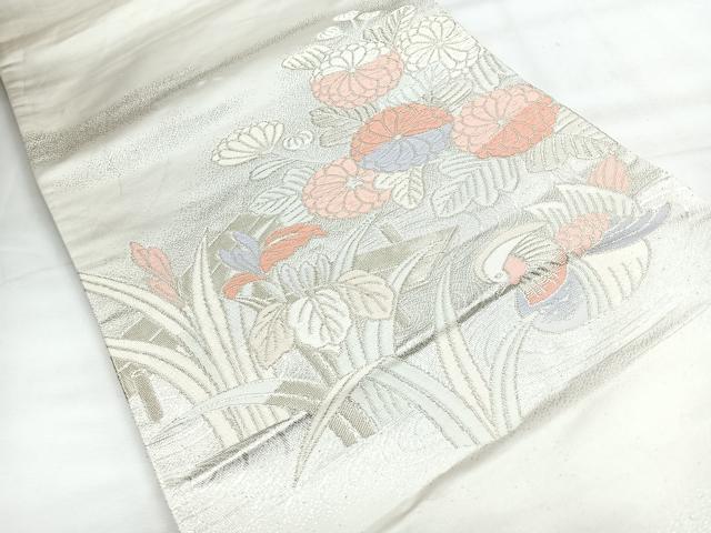 平和屋着物◎太鼓柄袋帯　流水花鳥文　銀糸　正絹　逸品　CABH1810nb
