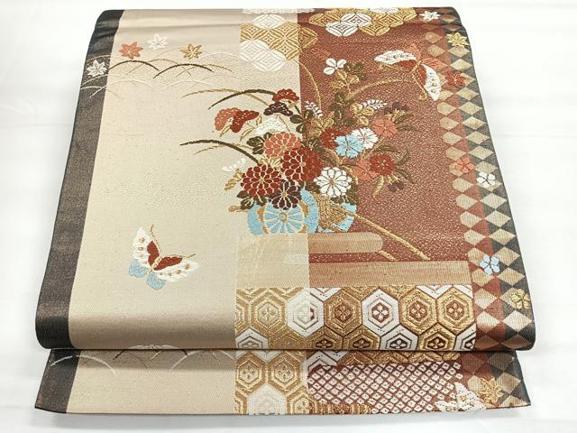 平和屋着物◎六通柄袋帯　唐織　花車舞蝶文　金糸　正絹　逸品　CABH1817nb