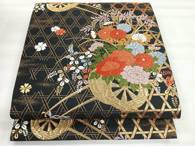 平和屋着物◎六通柄袋帯　唐織　籠目花車文　黒地　金糸　正絹　逸品　CABH1819nb