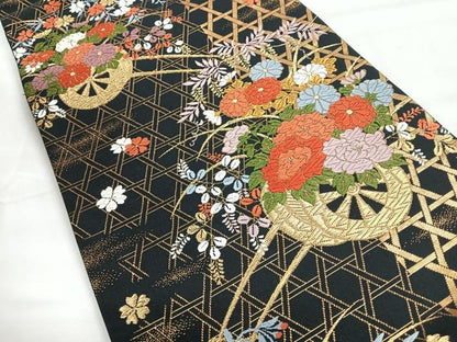 平和屋着物◎六通柄袋帯　唐織　籠目花車文　黒地　金糸　正絹　逸品　CABH1819nb