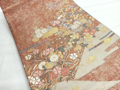 平和屋着物◎太鼓柄袋帯　作家物　蒔絵錦　草花文　正絹　逸品　CABH1822nb