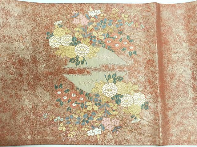 平和屋着物◎太鼓柄袋帯　作家物　蒔絵錦　草花文　正絹　逸品　CABH1822nb