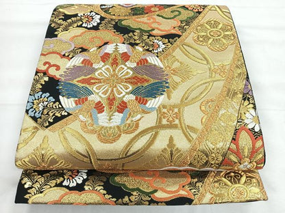 平和屋着物◎六通柄袋帯　唐織　能裳唐彩錦織　七宝花鳥文　黒地　金糸　正絹　逸品　CABH1825nb